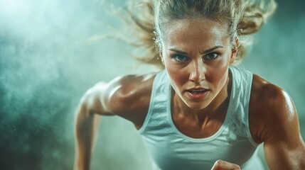 An athletic woman powerfully sprints forward, embodying determination and speed in a dramatic atmosphere filled with motion, passion, and energy.