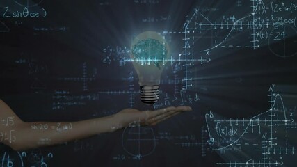 As human arm entering, drifting equations presenting bulb forming pulsing brain showing idea fading - Powered by Adobe