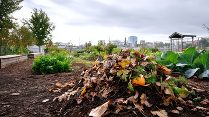 Compost pile in urban community garden, sustainability concept. Recycling of waste, zero waste production, preservation of the ecology of the Earth.