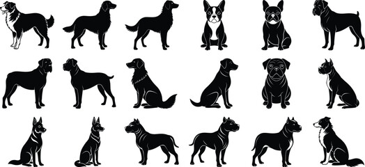 Dog Silhouette Vector Set, on white background.
