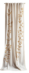 luxury embroidered curtains, home decor element, light beige with golden floral accents, front view, isolated on white background