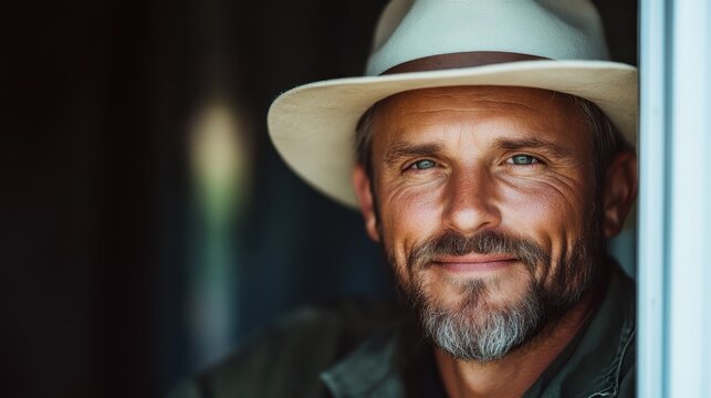 A captivating portrait of a smiling man dressed in a cowboy hat, reflecting warmth and approachability while showcasing rugged charm and confidence.