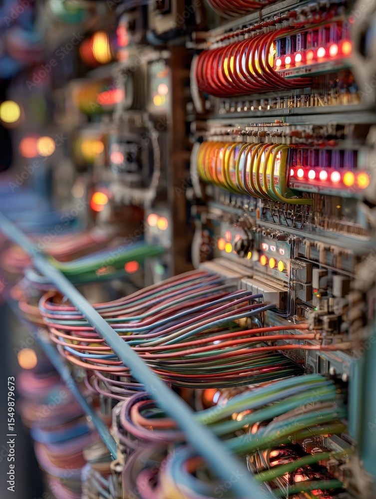 Poster a dynamic image of a telecommunications control panel with fiber optic connections, showing the intr
