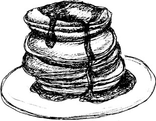 Stack of pancakes with syrup on a plate in simple sketch style  
