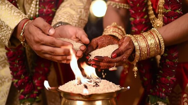 Dulhan radiant in her finery offers sacred rice with her groom in a hindu wedding fire ceremony. Ideal for wedding, cultural, and festive concepts.