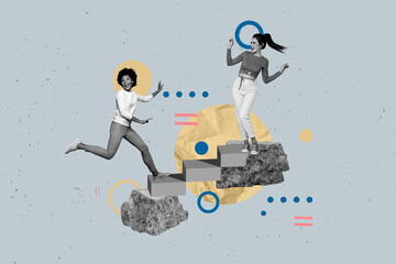 Trend graphics collage of happy people run rock steps on grey color background