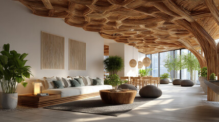 Fototapeta premium 3D illustration of a fashionable living area with designer furnishings and bamboo ceiling features