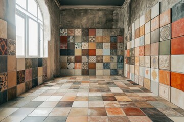 A room with a vibrant array of colorful tile pieces on the walls, creating a visually striking pattern for a unique and creative decor.