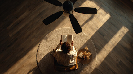 A ceiling fan view from above, with a woman seated below engrossed in a book