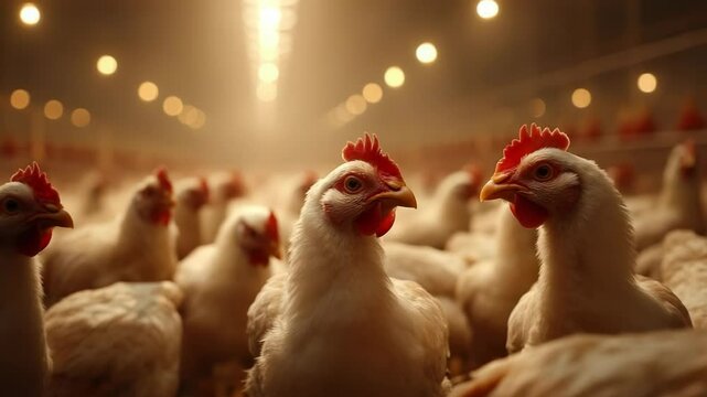 Indoor Poultry Farm: Broiler Chickens Raised Intensively for Meat Production Close-Up