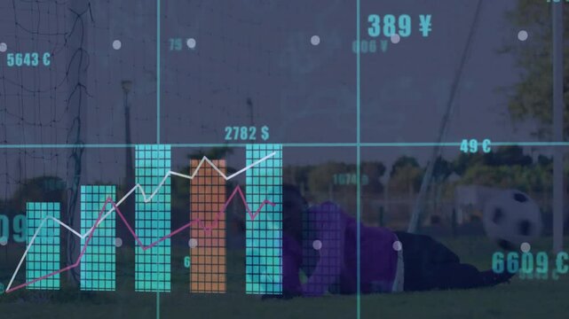 Goalkeeper shifting stance and activating animated financial chart while diving and catching ball