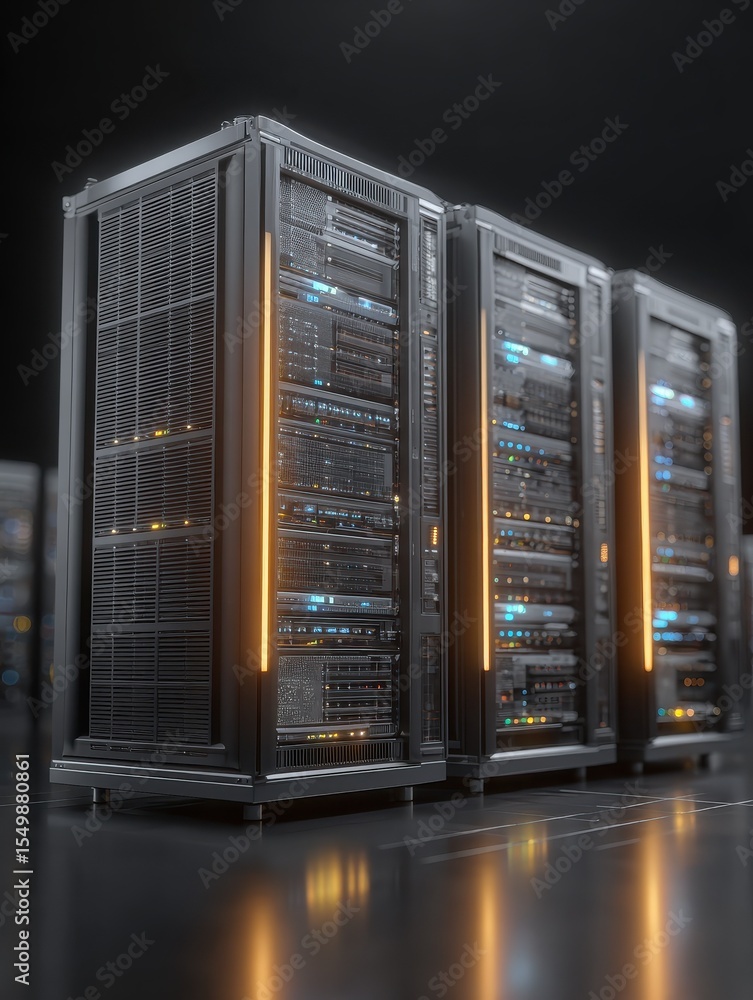 Poster modern data server with illuminated components showcasing advanced technology and efficient design f