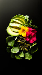 Microgreens with avocado slices, pumpkin seeds, and a couple of contrasting flower petals