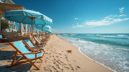 Empty morning beach scene with deckchairs and umbrellas on Bulgariaâ€™s sunny coast