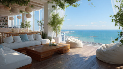 Fototapeta premium Sunny terrace offering a scenic sea view, capturing the essence of a coastal getaway in Sochi