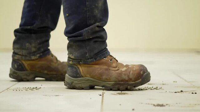 Trampling dirty work boots on a lightcolored floor. Suitable for industrial, construction, cleaning, or renovation concepts in design projects.