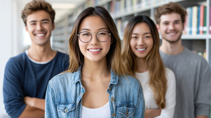 Fototapeta premium Group of diverse young students smiling confidently in library with bookshelves in background, showing positive learning environment