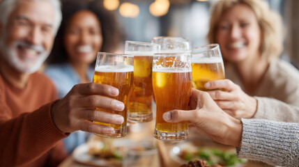 Group of diverse friends toasting with glasses of beer in warm social gathering, celebrating and enjoying happy moments together