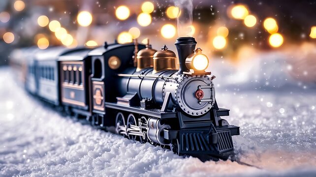 A small toy train sits amidst snow-covered terrain - Powered by Adobe