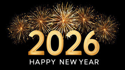 Happy New Year 2026 celebration with golden fireworks and glowing numbers on black background for festive event excitement