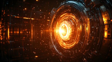 Glowing orange digital sphere, futuristic technology concept.  Bright energy core, abstract 3D render.