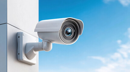 Surveillance camera mounted on white wall with clear blue sky background, providing security and monitoring for outdoor area