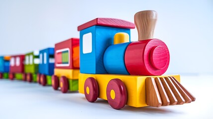 Wooden toy train with colorful blocs isolated over white