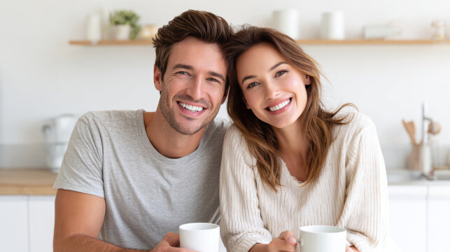 Happy couple smiling warmly while sitting close together in modern kitchen, enjoying coffee and cozy moment