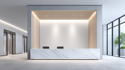 Modern minimalist office lobby with stylish marble reception desk and warm lighting creating welcoming atmosphere