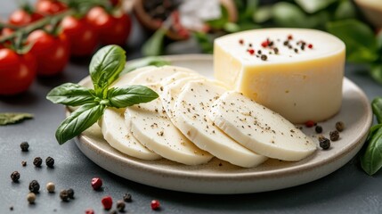 A mouth-watering platter showcases fresh mozzarella cheese slices drizzled with pepper and elegantly garnished with vibrant tomatoes and fragrant basil leaves, inviting deliciousness.