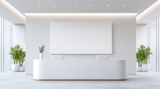 Modern minimalist office lobby with stylish white reception desk, large blank wall art, and green potted plants creating calm atmosphere