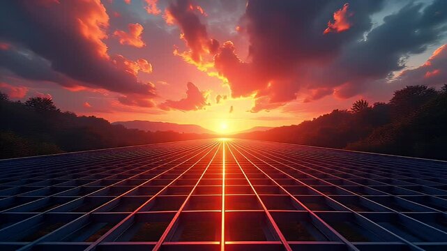 Abstract Metallic Horizon: Surreal Background with Light Flash Over a Grid at Sunset