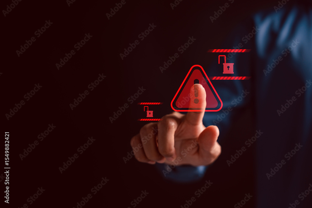 Aufkleber Cybersecurity alert showing data breach or locked file system, highlighting digital warning, risk management, online crime protection, and data loss prevention in networks.