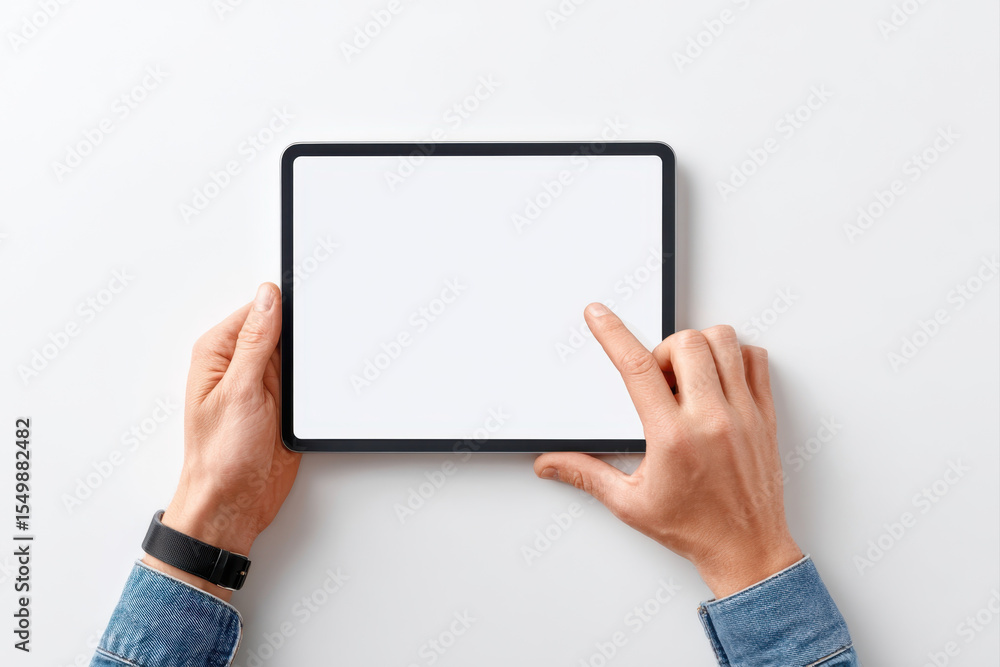 Poster person holding tablet with blank screen, using finger to touch, technology device for digital intera