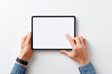 Person holding tablet with blank screen, using finger to touch, technology device for digital interaction and planning