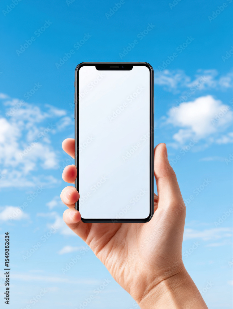 Poster smartphone with blank screen held up against blue sky with clouds, showing modern technology and cle