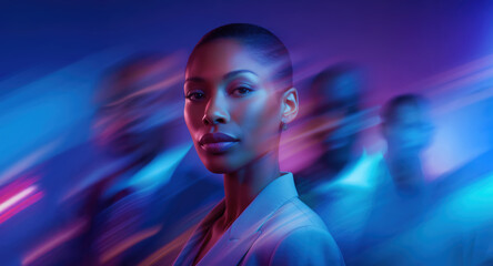 Strong African woman leader illuminated by dynamic light trails and crowd movement in modern setting
