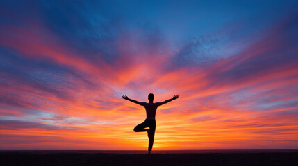 Person silhouette doing yoga pose against beautiful colorful sunset sky, expressing calmness and balance