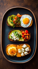 Toast assortment: avocado with poached egg, ricotta with honey, feta with fresh tomatoes