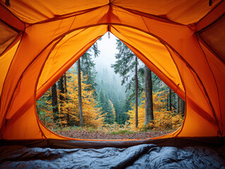 Cozy orange tent interior looking out at misty forest with autumn trees, creating peaceful and inviting camping atmosphere