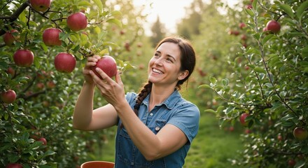 Woman picking red apples while smiling in an orchard during summer  