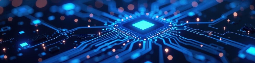 Fototapeta premium Abstract digital circuit board, glowing blue nodes, design, computing, internet