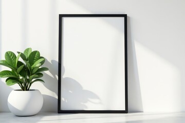 Black framed poster mockup against a white wall , poster mockup, white background