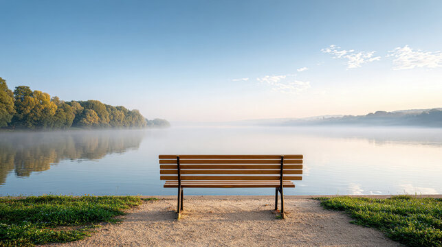 Single empty park bench facing tranquil lake with mist and trees under clear blue sky creating peaceful and calm atmosphere - Powered by Adobe