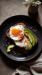 Toast with avocado, poached egg, chili flakes, and sesame seeds. 