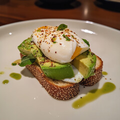 Toast with avocado, poached egg, chili flakes, and sesame seeds