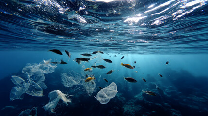 Plastic trash in the ocean. Environmental pollution. sea is covered in plastic and dead sea creatures. global problem, threat ocean wildlife and calling for urgent action to protect the environment.