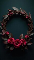 Dark moody feathers and burgundy roses in a lush, textured wreath , moody, detail