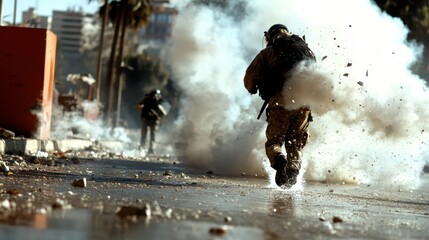 Obraz premium A soldier retreats as dust and debris swirl in a chaotic environment, embodying the turmoil and urgency of conflict and the human will to survive in perilous situations.