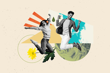 Template art collage of people couple raise fists winning with flowers picture on pastel background